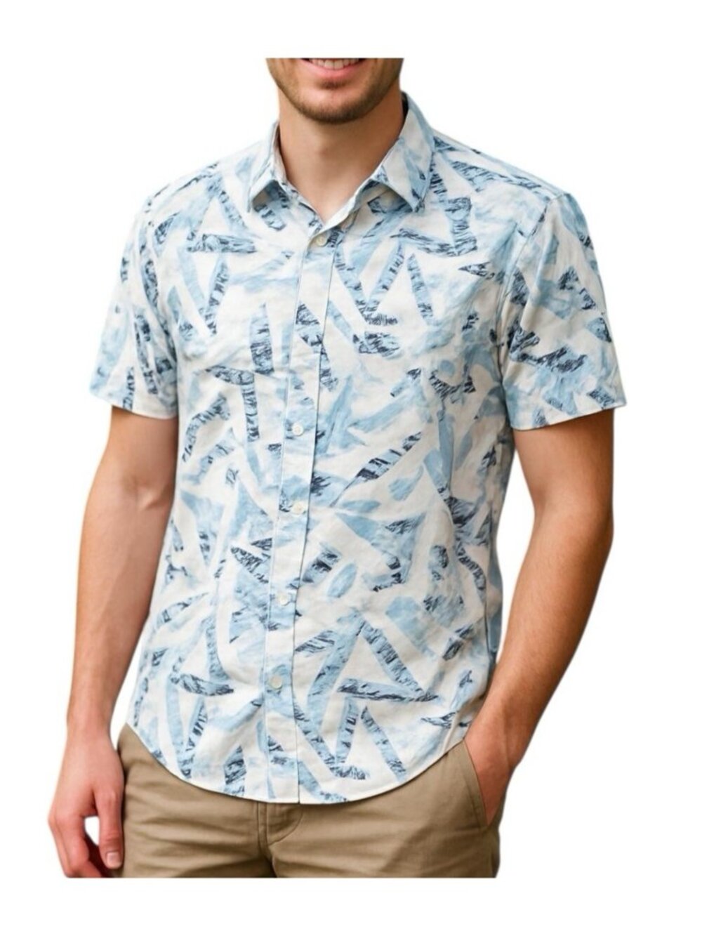 ROMWE Mens Geometric Vacay Button Down Shirt~Size Med~Blue White Black ~ L14 06